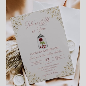 Die Schöne und das Biest Hochzeitseinladungsvorlage, druckbare Märchenhochzeitseinladung, rote Rose, Antikes Gold