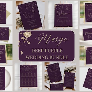 Deep Purple and Gold Mega Wedding Invitation Bundle, Dark Plum Printable Invitation and Sign Templates, MARGO