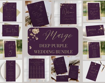 Dunkellila und Gold Mega Hochzeitseinladungspaket, Dark Plum druckbare Einladungs- und Schildvorlagen, MARGO