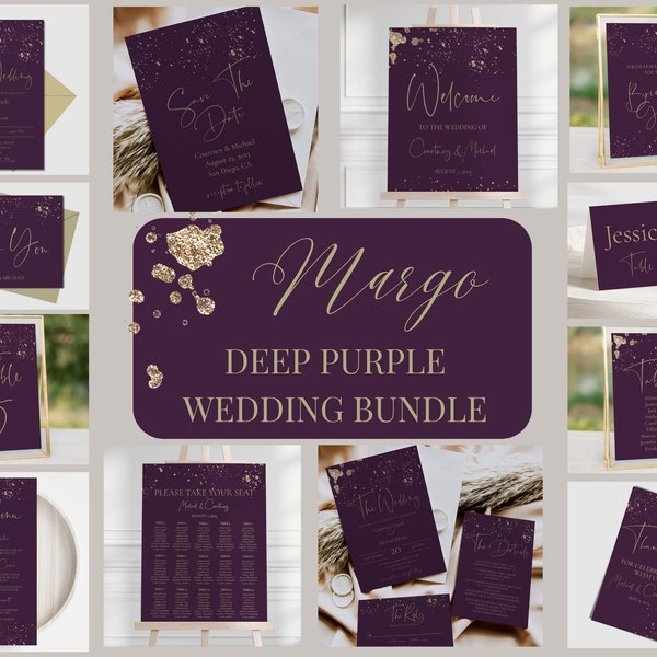 Deep Purple et Gold Mega Wedding Invitation Bundle, Dark Plum Printable Invitation and Sign Templates, MARGO