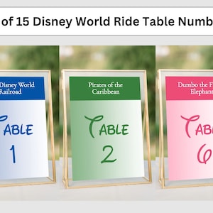 Set von 15 Magic Kingdom Ride Tischnummern, druckbare Fahrt Karte Hochzeit Tischnummern, Themenpark Hochzeit