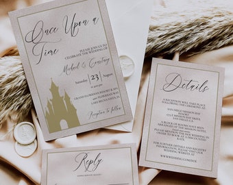 Conjunto de invitación de boda Glitter Gold Castle, invitación de boda de cuento de hadas imprimible, confirmación de asistencia y detalles, Érase una vez