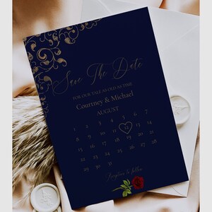 Modello salva-data per calendario La Bella e la Bestia, matrimonio salva-data in blu intenso e oro, rosa incantata