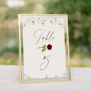 Modello numero tavolo nuziale La Bella e la Bestia, numero tavolo nuziale da favola stampabile, rosa incantata