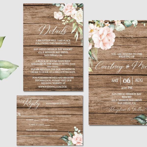 Rustic Wedding Invitation Suite, Blush Wooden Wedding Invitation, Greenery Wedding Stationary, Printable Wedding Invitation, BRIAR