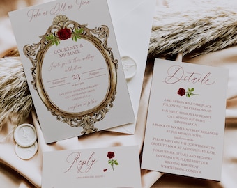 Conjunto de invitación de boda de La Bella y la Bestia, plantilla de invitación de boda de cuento de hadas imprimible, cuento tan antiguo como el tiempo