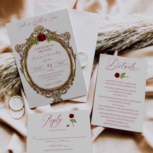 Conjunto de invitación de boda de La Bella y la Bestia, plantilla de invitación de boda de cuento de hadas imprimible, cuento tan antiguo como el tiempo