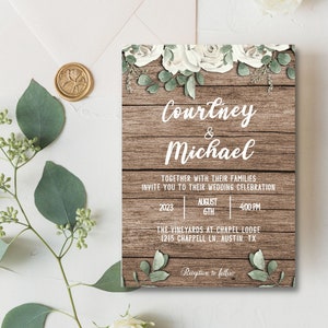 Rustic Wooden Wedding Invitation Template, Greenery Wedding Invite, White Floral Wedding Invitation, Printable Invitation, BRYNN