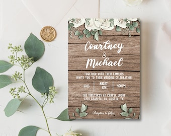 Rustic Wooden Wedding Invitation Template, Greenery Wedding Invite, White Floral Wedding Invitation, Printable Invitation, BRYNN
