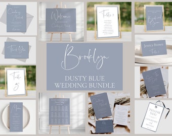 Könnte beinhalten: Eine Sammlung von Hochzeits-Papeterie in Staubblau, darunter Einladungen, Tischkarten und Schilder. Der Text "Brooklyn Dusty Blue Wedding Bundle" ist in einer stilvollen Schriftart dargestellt. Karten und Schilder in Goldrahmen.
