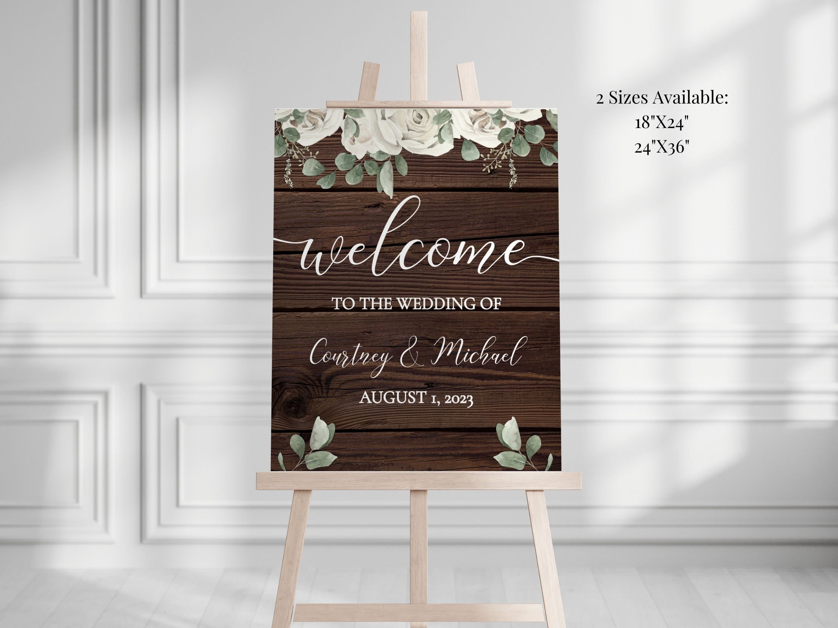 Rustic Dark Wooden Wedding Welcome Sign Template, Printable White Floral and Wood Wedding ...