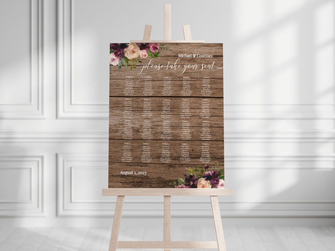 Rustic Wooden Wedding Seating Chart Template, Printable Wine and Pink