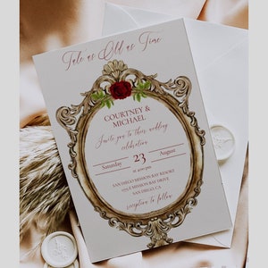 Modelo de convite de casamento da Bela e a Fera, convite de casamento de conto de fadas de princesa para impressão, conto tão antigo quanto o tempo