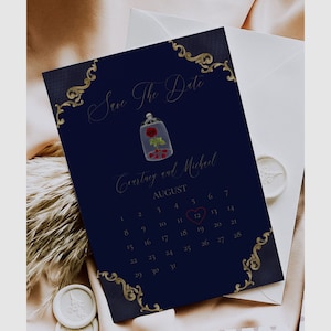 Beauty and the Beast Dark Blue Save The Date Template, Enchanted Rose Printable Save The Date, Navy and Gold