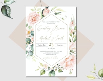 Light Pink Greenery Wedding Invitation, Printable Blush Floral Wedding Invite Template, EVELYN