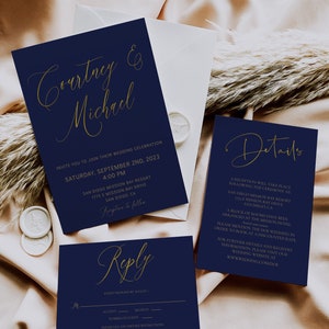 Navy and Gold Foil Wedding Invitation Set, Faux Foil Invite Template, Printable Wedding Invitation