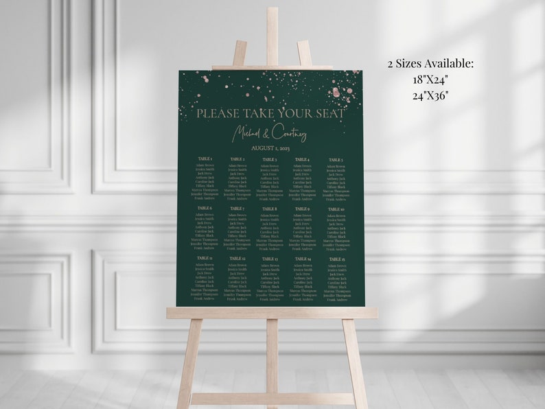 Emerald Green and Rose Gold Wedding Seating Chart Template, Deep Green