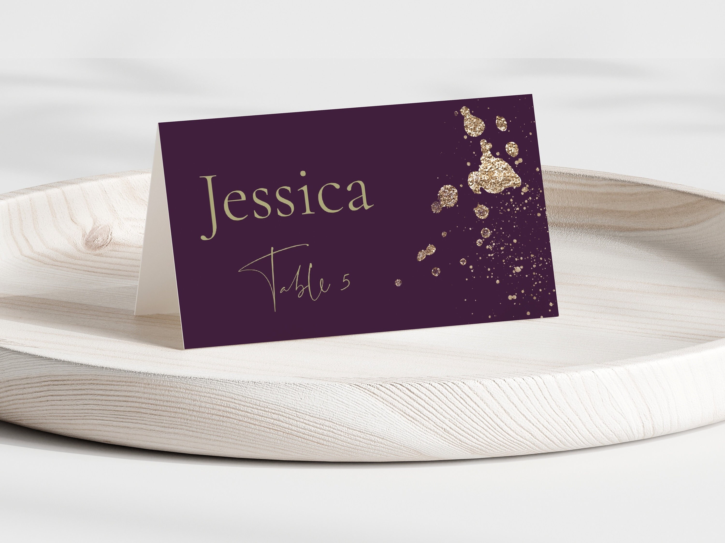 Dark Purple and Gold Wedding Name Card Template Deep Plum Printable