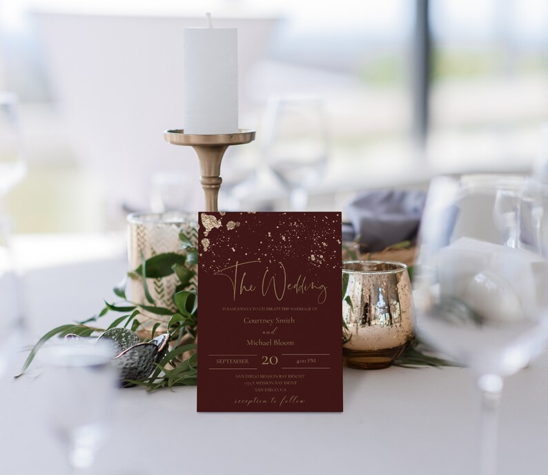Wine and Gold Wedding Invitation Template, Dark Red Printable ...