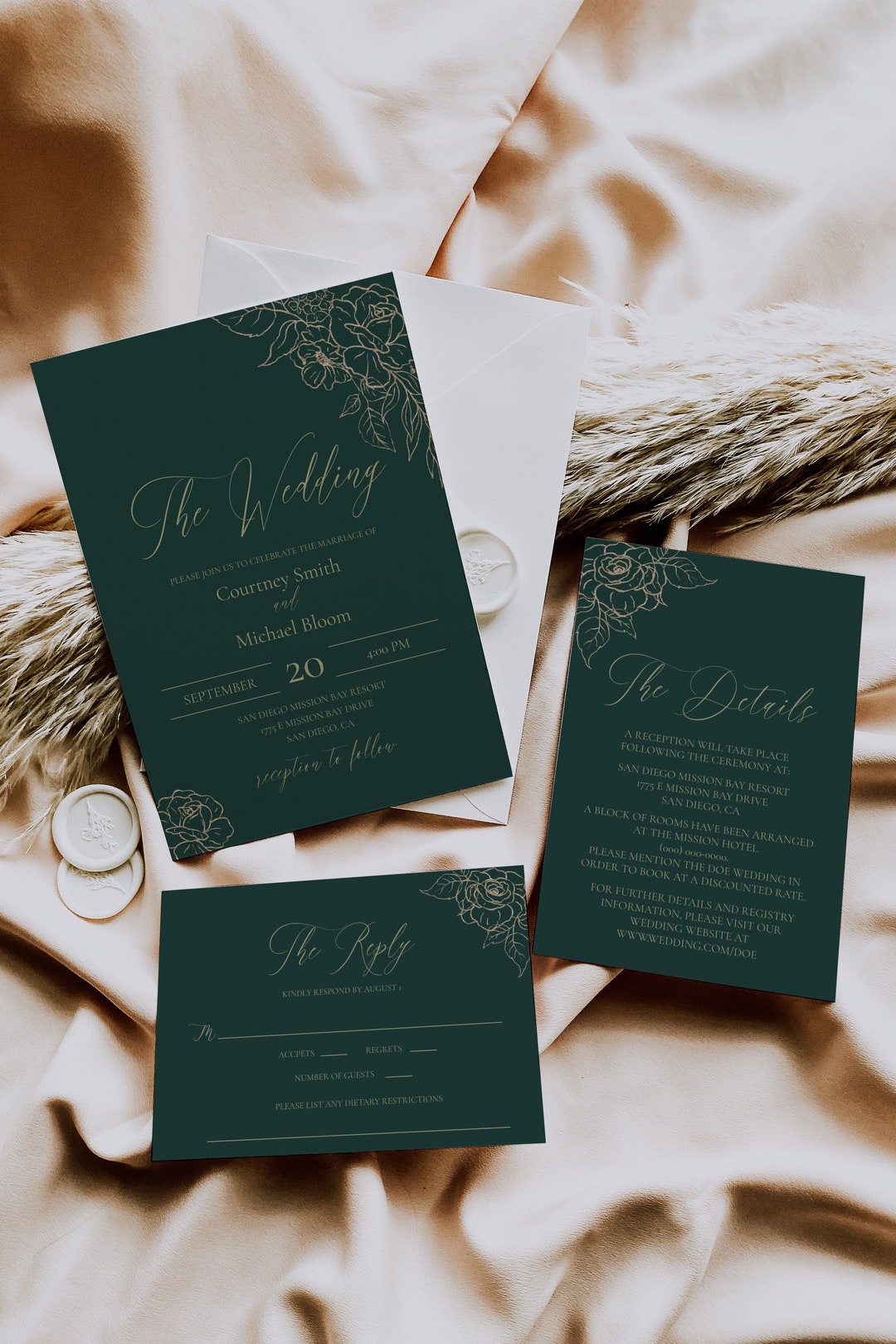 Emerald and Gold Floral Wedding Invitation Set, Printable Deep Green