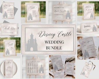 Silber Schloss druckbare Hochzeit Bundle, märchenhafte Hochzeitseinladung Set, Willkommensschild, Sitzplan, Disneyland