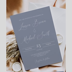 Dusty Blue Elegant Wedding Invitation Template, Pale Blue and White Printable Wedding Invite, Download