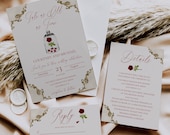 Beauty and The Beast Wedding Invitation Set, Printable Fairytale Wedding Invite Template, Antique Gold and Rose