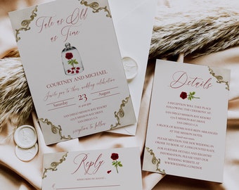 Beauty and The Beast Wedding Invitation Set, Printable Fairytale Wedding Invite Template, Antique Gold and Rose