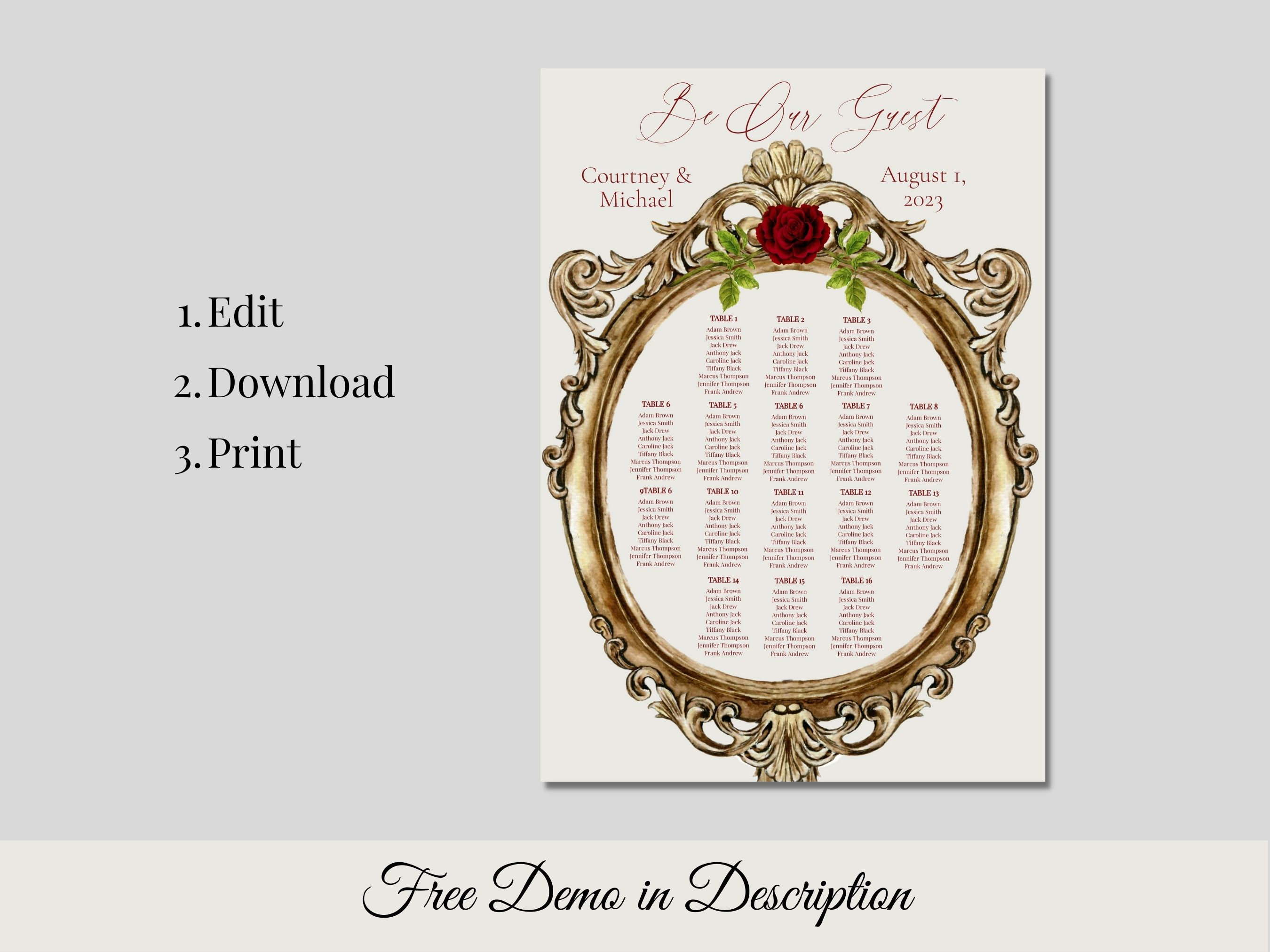 Beauty and the Beast Seating Chart Template, Printable Fairytale