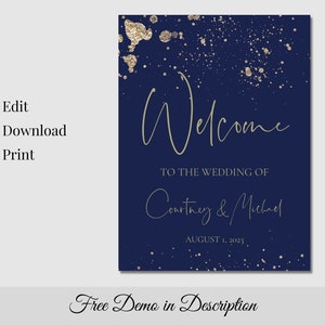 Navy and Gold Wedding Welcome Sign Template, Printable Dark Blue ...