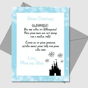 Plantilla de carta sorpresa de vacaciones en parque temático, anuncio de vacaciones imprimible para niños, Frozen, azul y blanco, Elsa
