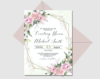 Pink and Gold GEO Wedding Invitation, Pink Wedding Invite, Printable Invitation Template, Downloadable Wedding Invitation, STELLA