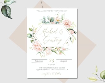 Floral Pink and Gold Wedding Invitation, Printable Blush Greenery Wedding Invite Template, EVELYN