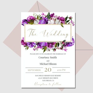 May include: Purple and white floral wedding invitation with gold accents. The text reads "The Wedding" and includes the names Courtney Smith and Michael Bloom, the date September 20, the time 4:00 PM, and the location San Diego Mission Bay Resort.