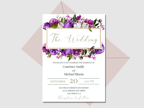 Purple Pink and Gold Wedding Invitation Template, Floral Fuchsia and Gold Editable Wedding Invite, COLETTE