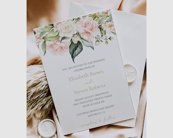 Modèle d'invitation de mariage rose blush élégant, invitation de mariage imprimable rose clair et verdure, SERENA