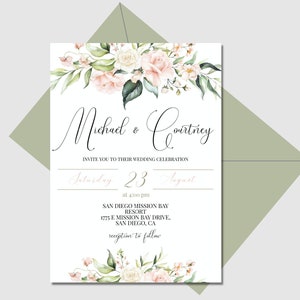 Blush Greenery Invitation Template, Pink and Green Rustic Wedding Invite, Blush Floral Wedding Invitation, Printable Invite, GRACE
