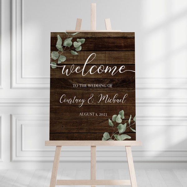 Rustic Wooden Wedding Welcome Sign Template, Printable Greenery Welcome Sign, EMILY