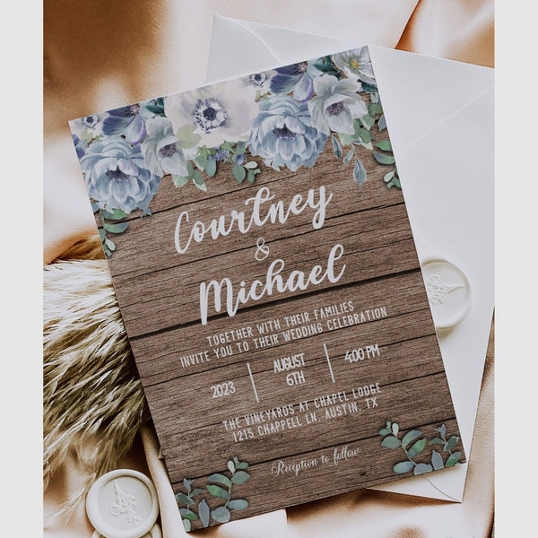 Wooden Blue Floral Wedding Invitation, Rustic Blue and Greenery Wedding Invite, Barn Wedding Invitation, Printable Invite, JUNE