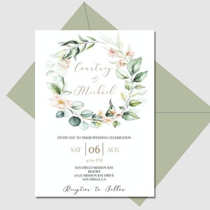 Blush and Sage Wedding Invite, Pink and Green Rustic Invitation, Blush Floral Wedding Invitation Template, Printable Invite, CATHERINE