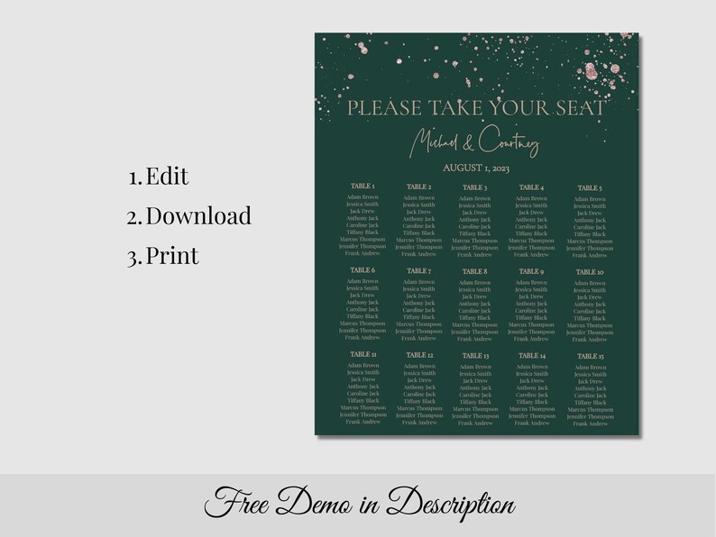 Emerald Green and Rose Gold Wedding Seating Chart Template Etsy