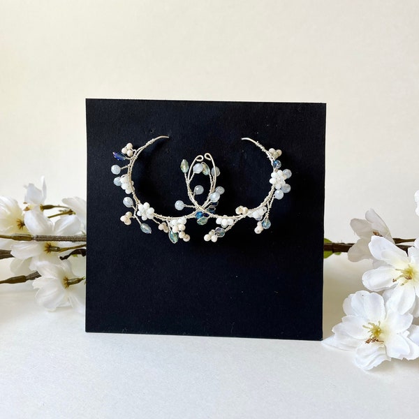 White Floral Hoop Earrings With Vines, Silver Vine Wire-Wrapped Statement Hoops With Floral Accent, Boho Vine Hoops