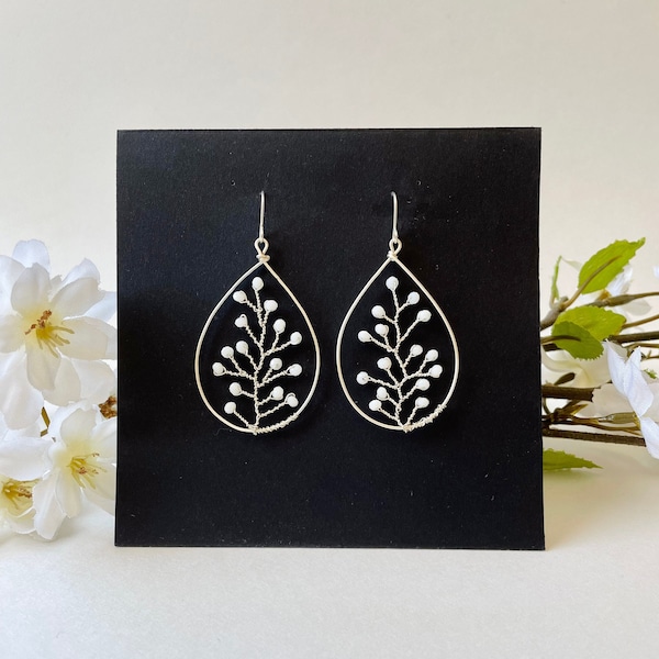 White Leaf Statement Earrings With Branching Vines, Boho Leaf and Vine Earrings, Silver and White, Floral Chic