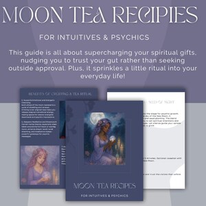 Pode incluir: Três livros intitulados "MOON TEA RECIPES" e "FOR INTUITIVES & PSYCHICS" sobre um fundo roxo. Os livros apresentam ilustrações de mulheres e luas. O texto descreve dons espirituais e rituais.