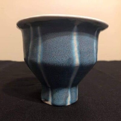 Blue-Grey and White Striped Ceramic Tea Cup