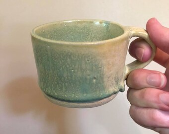 Handmade Artisan Pottery Cup, Espresso Cup, Teacup, Pastel Green and Yellow Ceramic Mug with Handle, Summer Beach Decor