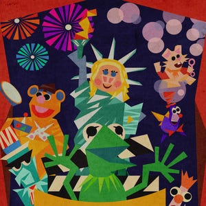 Może przedstawiać: Kolorowy plakat w stylu vintage dla Muppet*Vision 3D. Grafika przedstawia Kermita Żabę, Fozzie Bear i inne postacie z Muppetów, a także Statuę Wolności. Plakat ma estetykę retro z odważnymi kolorami i geometrycznymi kształtami.