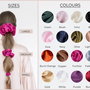 May include: A set of three silk scrunchies in different sizes: small, medium, and large. The scrunchies are shown in a variety of colors, including green, blush, ivory, black, pink, navy, olive, light nude, burnt orange, copper, fuchsia, faded blue, gold, white, purple, and burgundy.