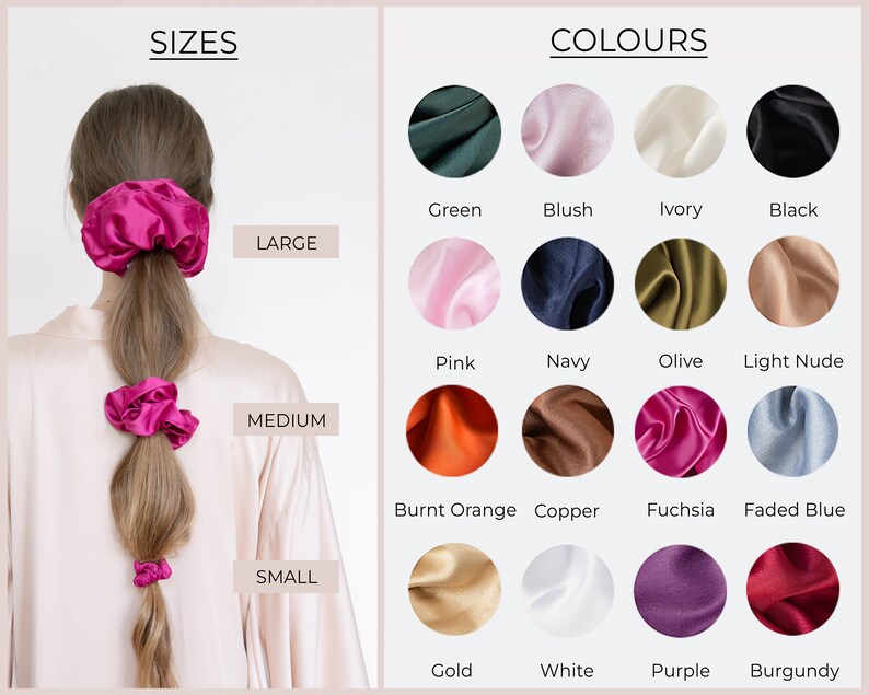 May include: A set of three silk scrunchies in different sizes: small, medium, and large. The scrunchies are shown in a variety of colors, including green, blush, ivory, black, pink, navy, olive, light nude, burnt orange, copper, fuchsia, faded blue, gold, white, purple, and burgundy.