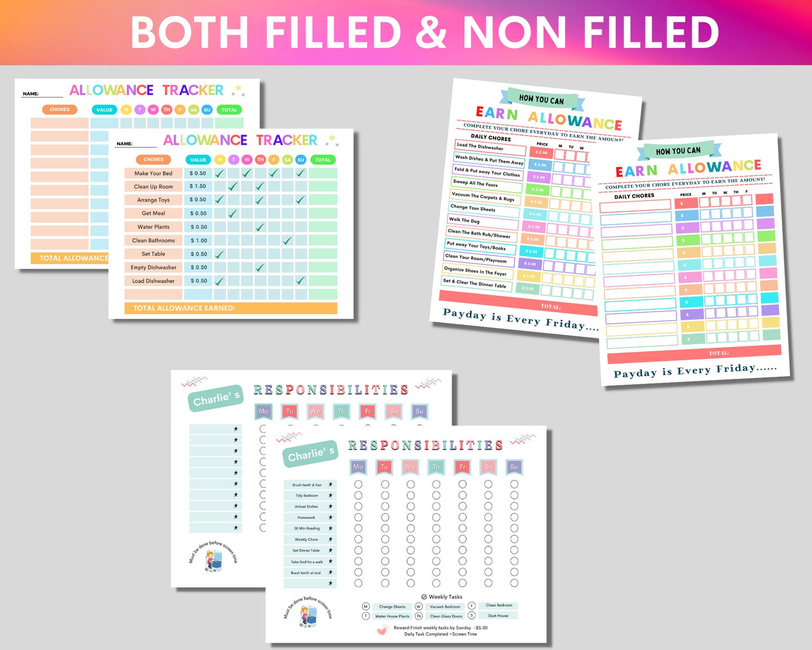 Allowance tracker for kids printable allowance chore chart etsy